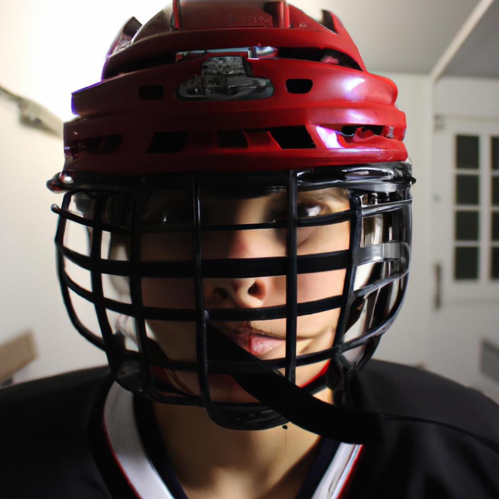 Person wearing ice hockey helmet
